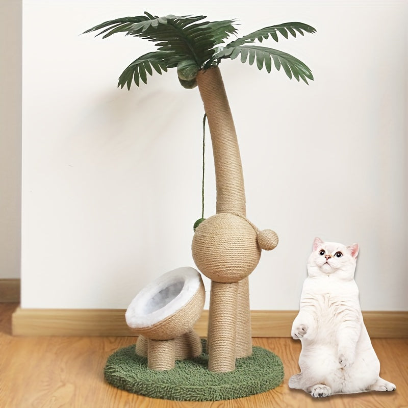 Coconut Tree Cat Scratching Post with Playful Hanging Ball - Durable ABS Resin, Ideal for Indoor Cats, Cat Climbing, Cat Bed