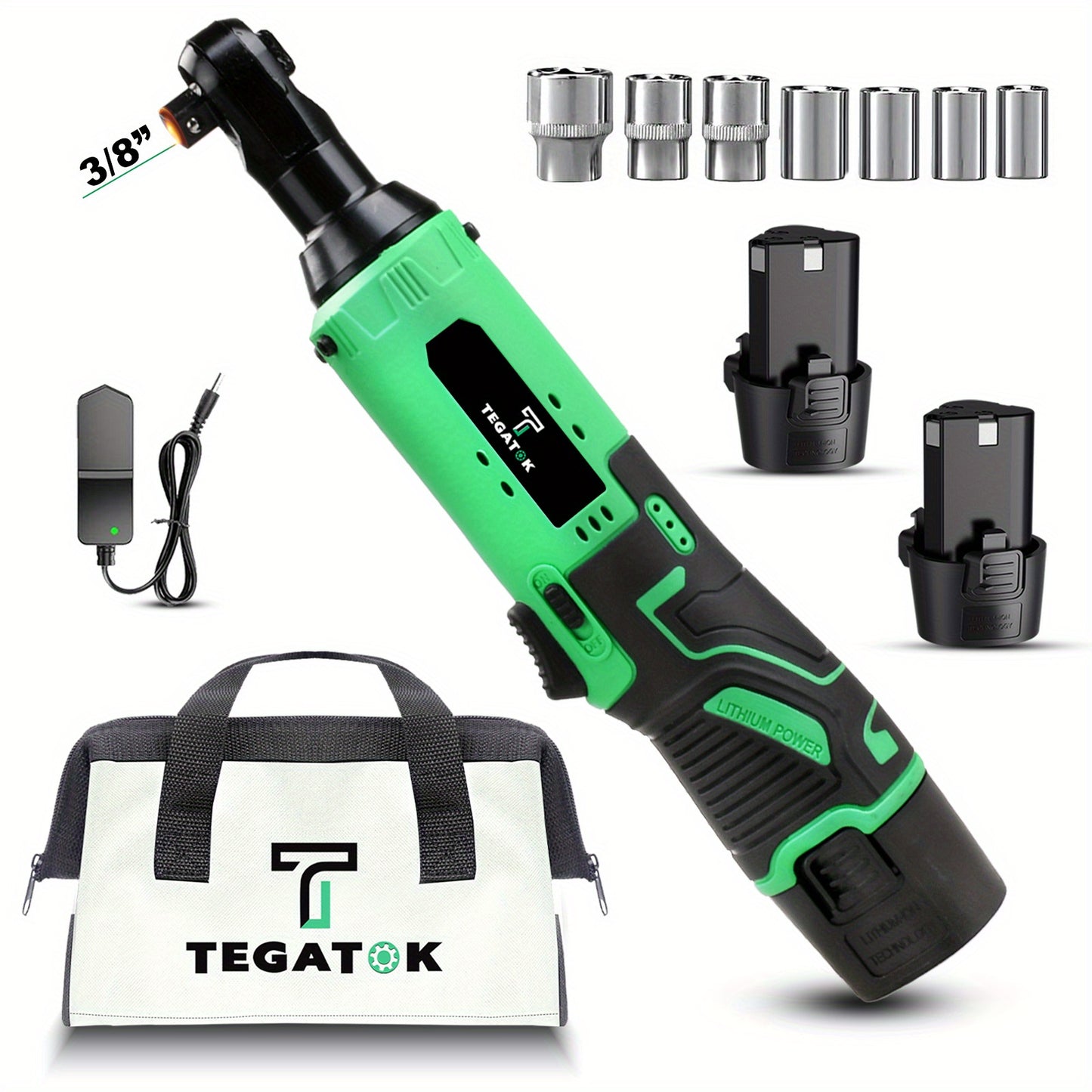 Tegatok 2/ 4pcs 12V Industrial Cordless Electric Wrench Set - 45NM 3/ 8" Ratchet Wrench, 45 Ft-lbs 400 RPM High-Torque Power Tool with 7 Sockets, Ideal for Car Repair, Nut Removal, and Heavy-Duty Applications