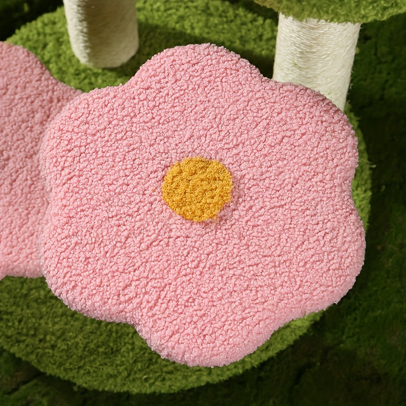 Charming Wooden Cat Tree Tower with Scratching Posts, Cozy Condo & Plush Mushroom Seat - Multi-Level Activity Center for Small to Medium Cats, Reinforced Wood Construction, Green Leaf & Flower Design