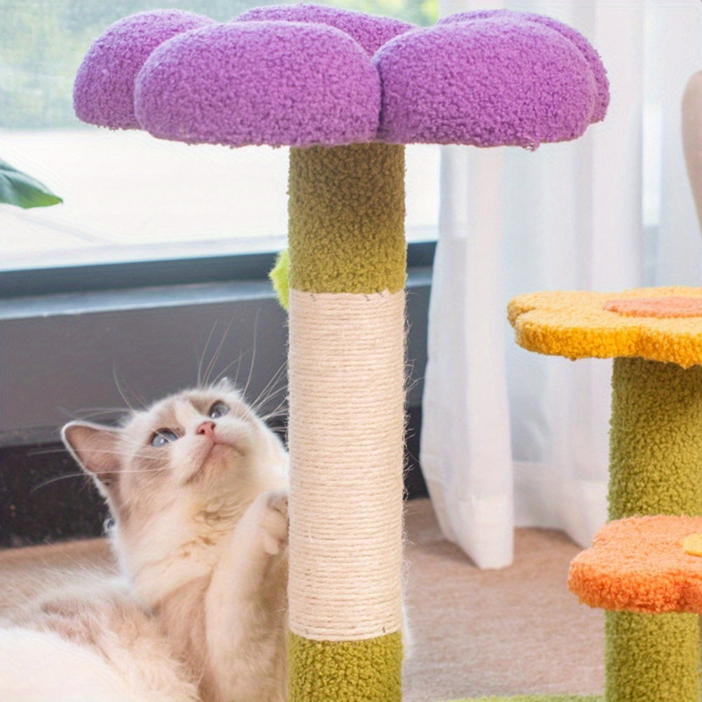 Compact Flower Cat Tree with Sisal Scratching Post, Removable Flower Bed, and Spring Ball - 48.26cm Tall, Multi-Functional Indoor Cat Scratcher for Kittens - Ideal Gift for Cat Lovers, Indoor Cat Playground | Decorative Cat Tree | Sturdy Wood Base, Small