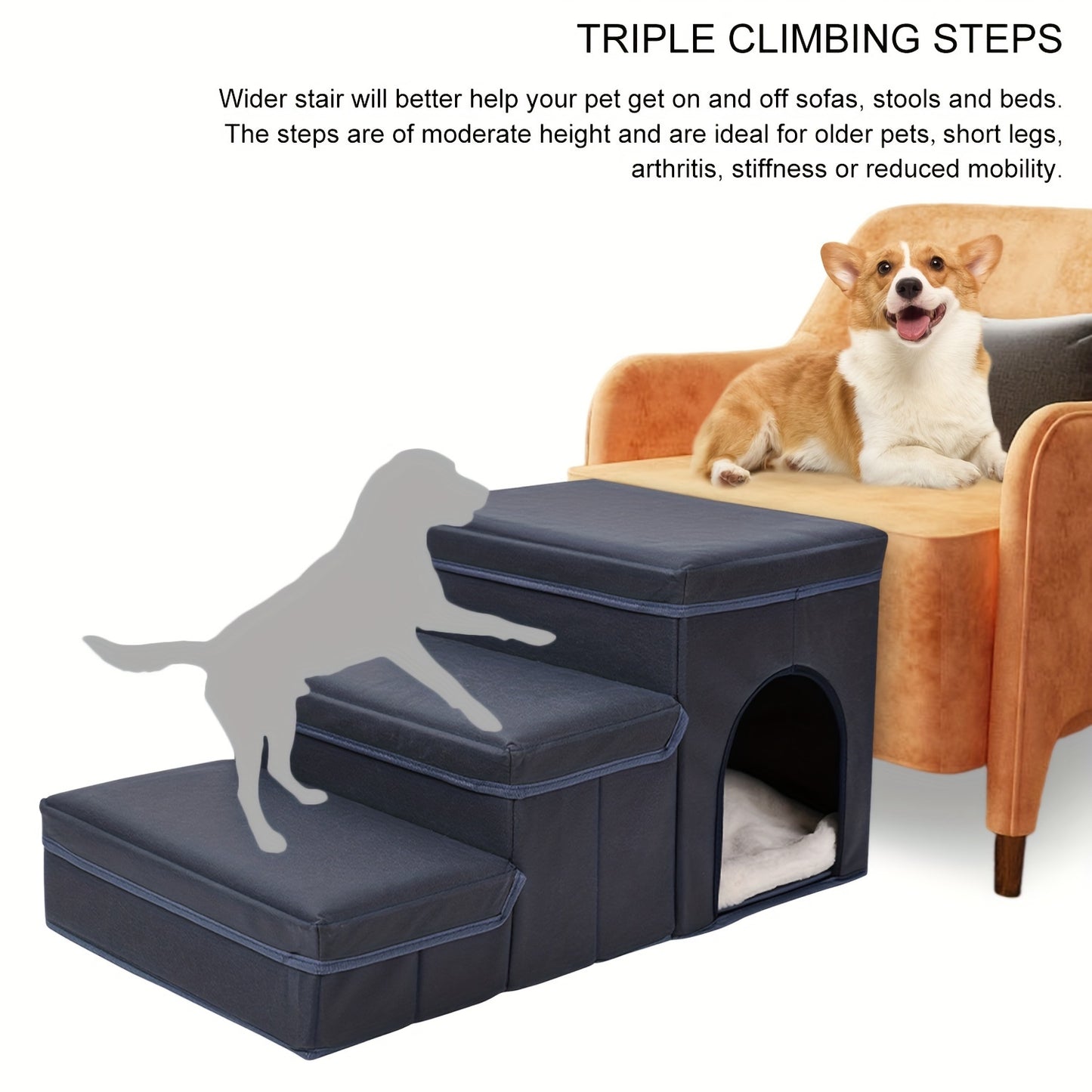 1PC Amazingtour Cat Dog Steps Dog Stairs With Pet Bed& Sofa Foldable 3 Tiers Steps Dog Steps With Storage Boxes For Small Dog And Cat Pet Ladder For Dogs Cats Blue