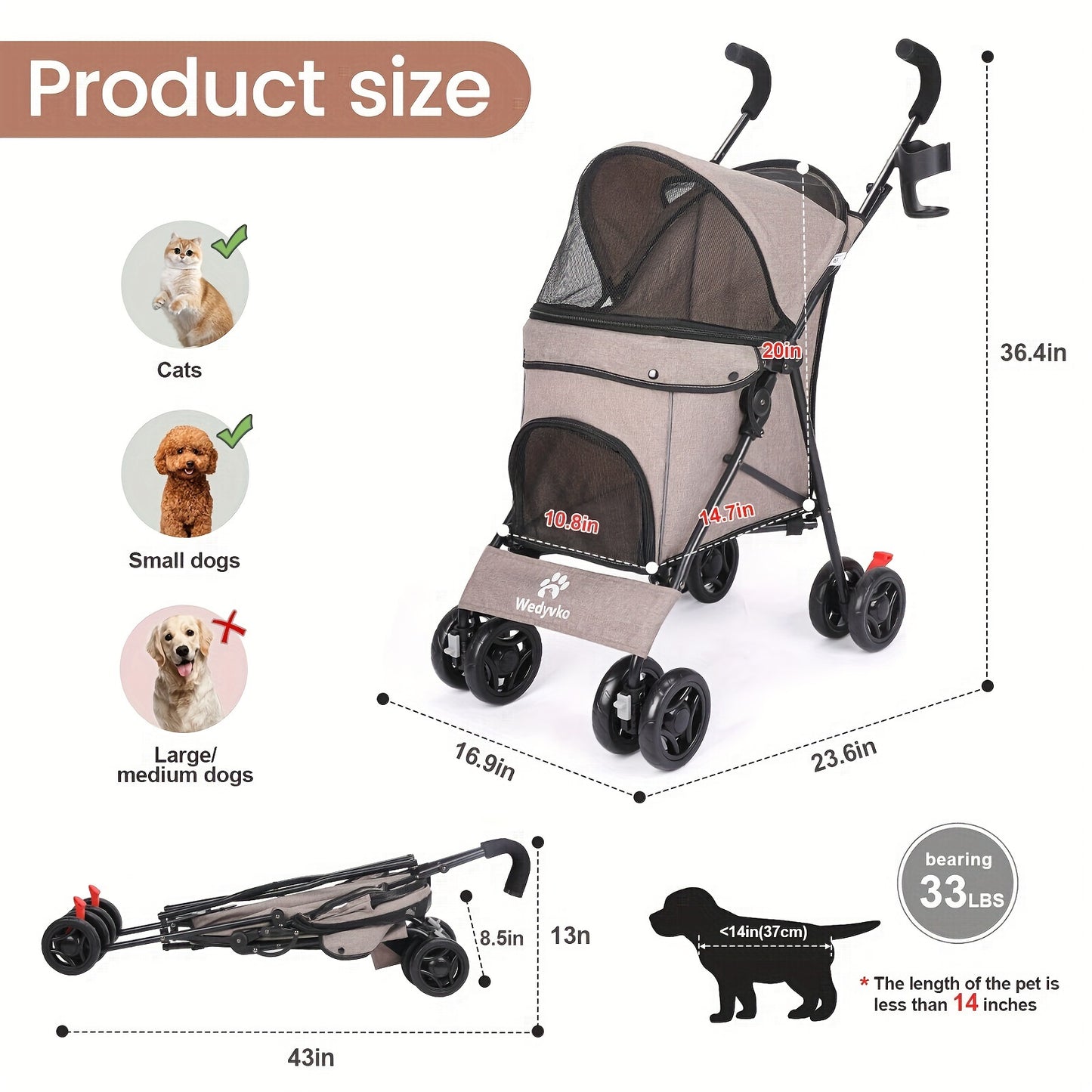 Collapsible Dog Stroller, Pet Stroller for Small and Medium Dogs and Cats, 4 Lockable Wheels, Detachable Cushion and Storage Basket, Cat Stroller Travel Carrier Stroller