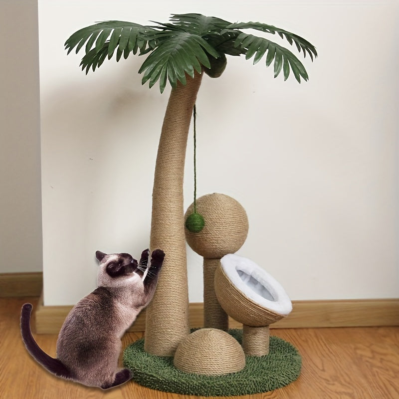 Coconut Tree Cat Scratching Post with Playful Hanging Ball - Durable ABS Resin, Ideal for Indoor Cats, Cat Climbing, Cat Bed