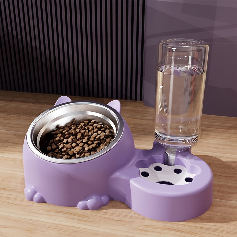 Cat Food Bowl, Elevated Cat Bowl, Automatic Water Dispenser, Anti-Overturn, Non-Slip, Round, Plastic Material, with Feeding and Watering Functionality, for Cat