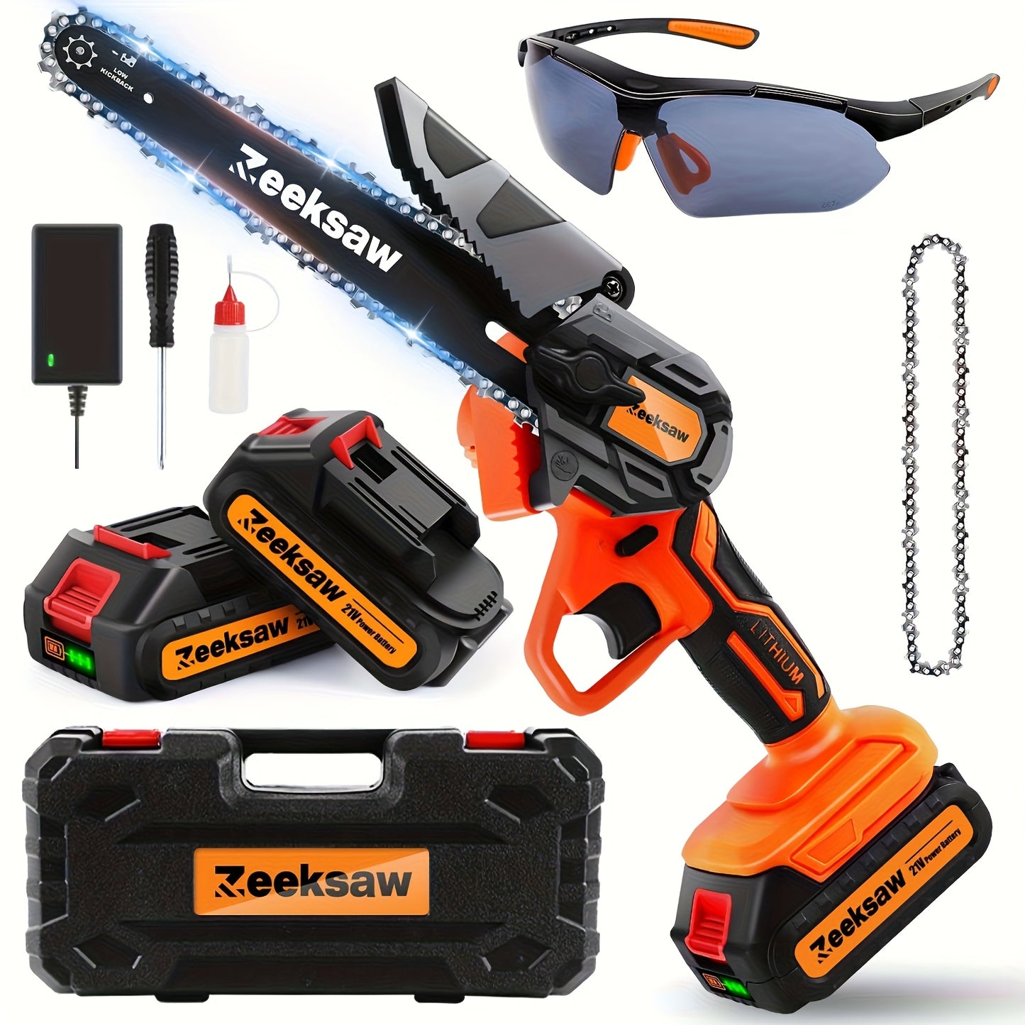 Zeeksaw 6-Inch Cordless Mini Chainsaw Kit with 2 Large Capacity Batteries, Pruning Saw, Security Lock, and Accessories - Ideal for Wood Cutting, Trimming & Woodworking, Includes Protective Gear, Valentine's Day Gift