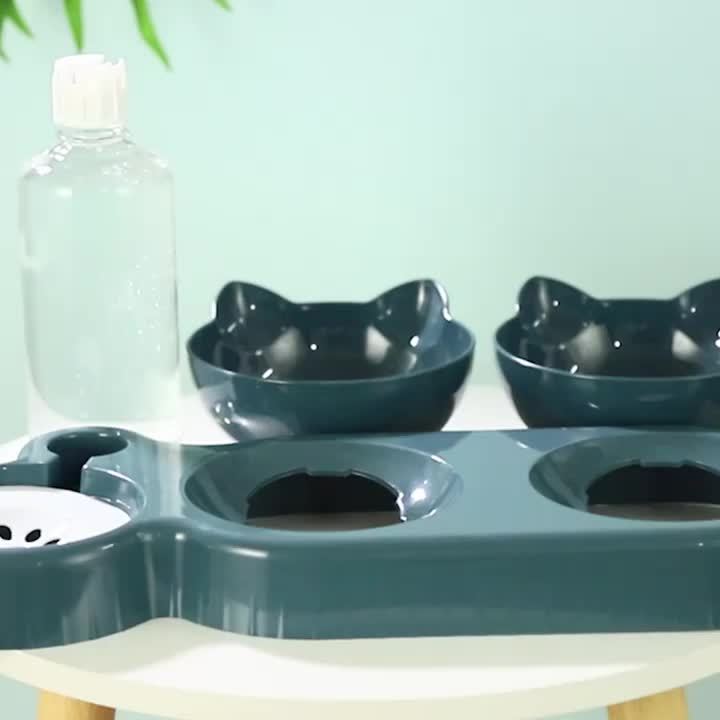 Dual Bowls Cat Feeder with Automatic Water Dispenser, Manual Gravity-Fed Pet Feeding Station, Plastic, Cat Ear Design