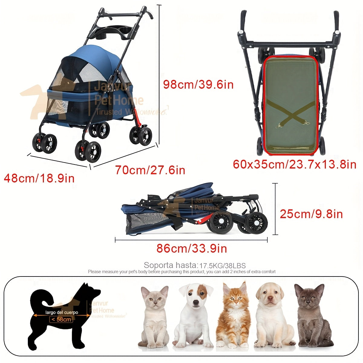 Foldable 4-Wheel Pet Stroller for Small to Medium Dogs (Up to 17KG/38LBS), Portable Dog Travel Carriage with Breathable Mesh Windows, Metal Frame And Durable Oxford Fabric, Pocket Design/Cup Holder- Ideal for Outdoor Adventures, Shopping, Walking