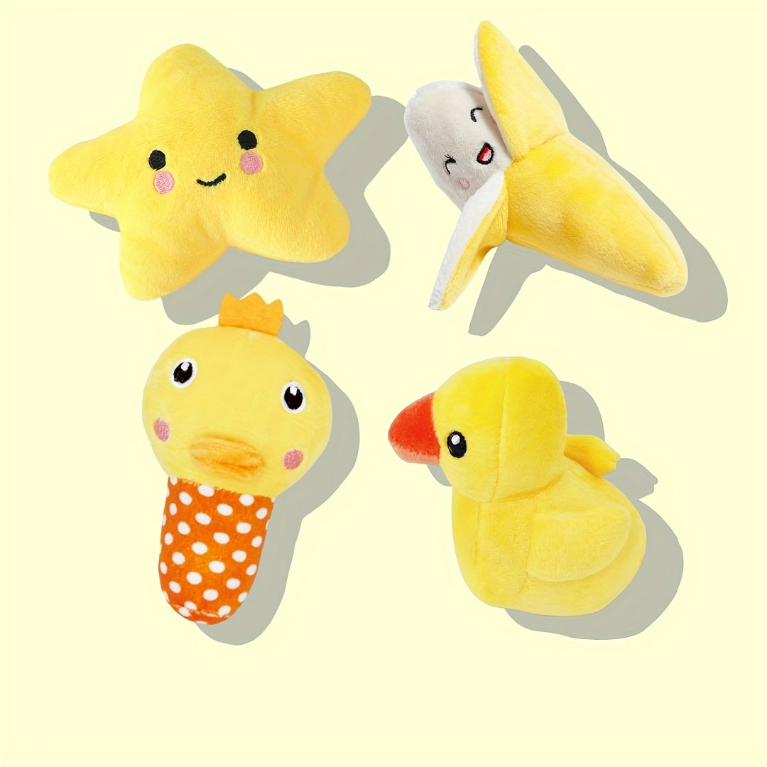 4-Pack Plush Squeaky Pet Toy Set for Small Dogs and Cats - Fruit, Vegetable, Candy, Star, Donut, Strawberry Designs - Interactive Play & Sleep Companion Dog Toy, Soft Plush Material
