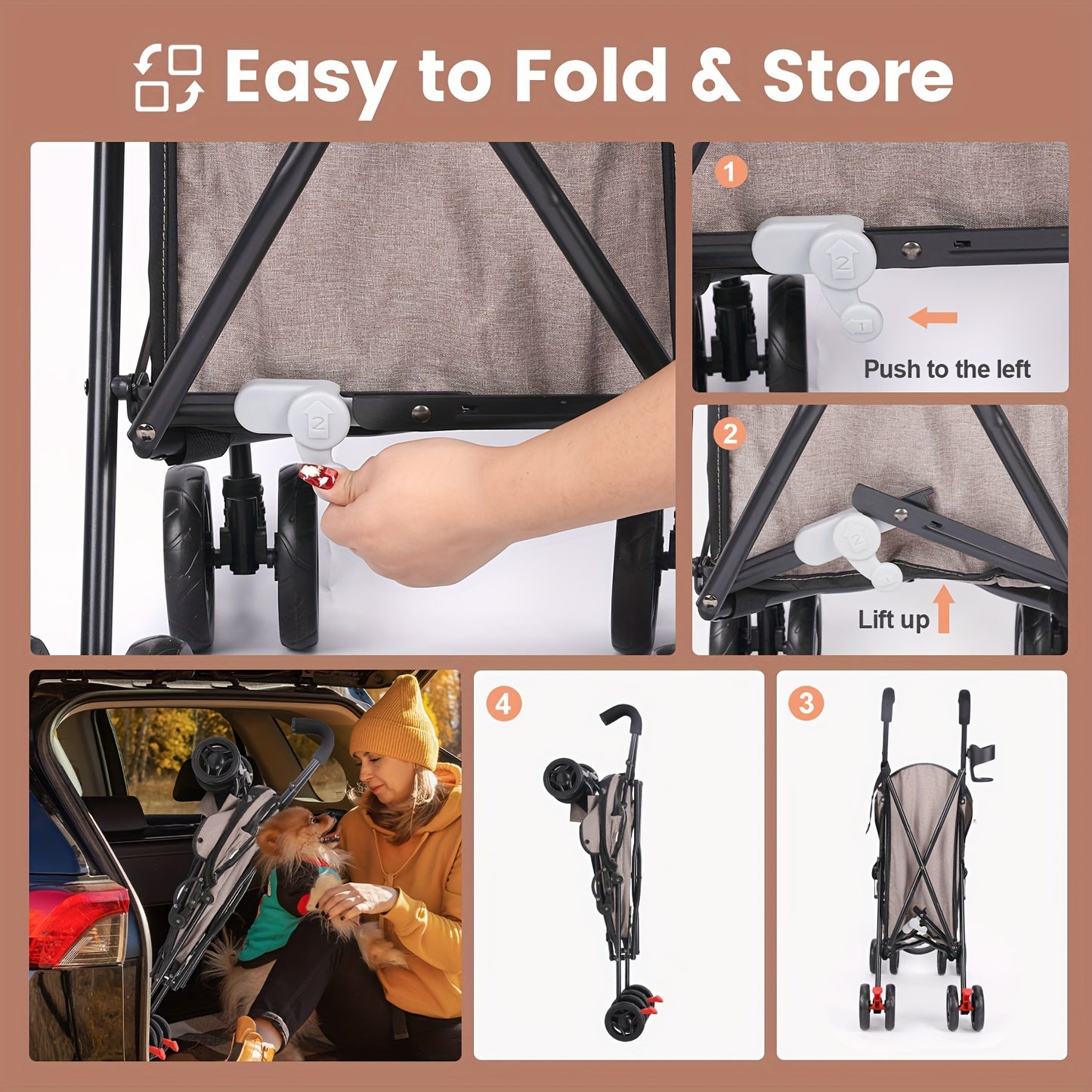 Collapsible Dog Stroller, Pet Stroller for Small and Medium Dogs and Cats, 4 Lockable Wheels, Detachable Cushion and Storage Basket, Cat Stroller Travel Carrier Stroller