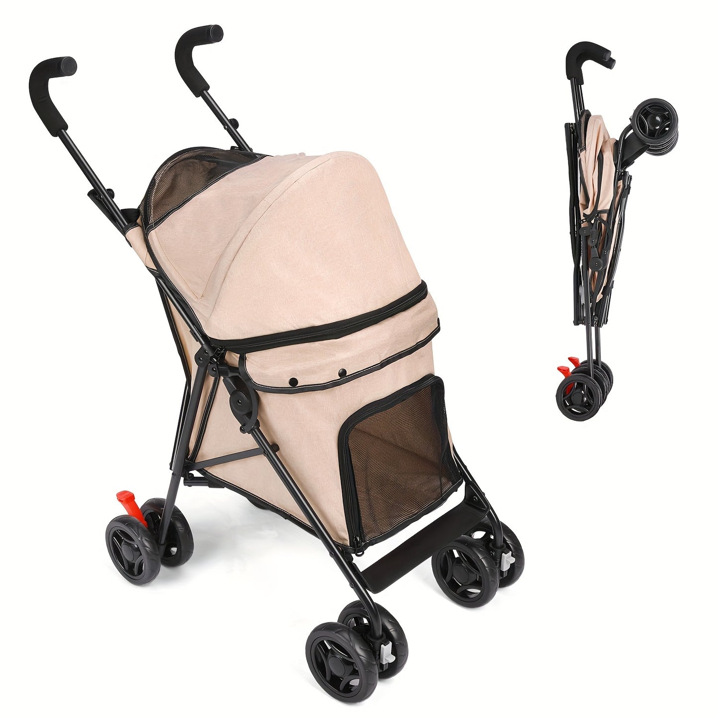 Collapsible Dog Stroller, Pet Stroller for Small and Medium Dogs and Cats, 4 Lockable Wheels, Detachable Cushion and Storage Basket, Cat Stroller Travel Carrier Stroller