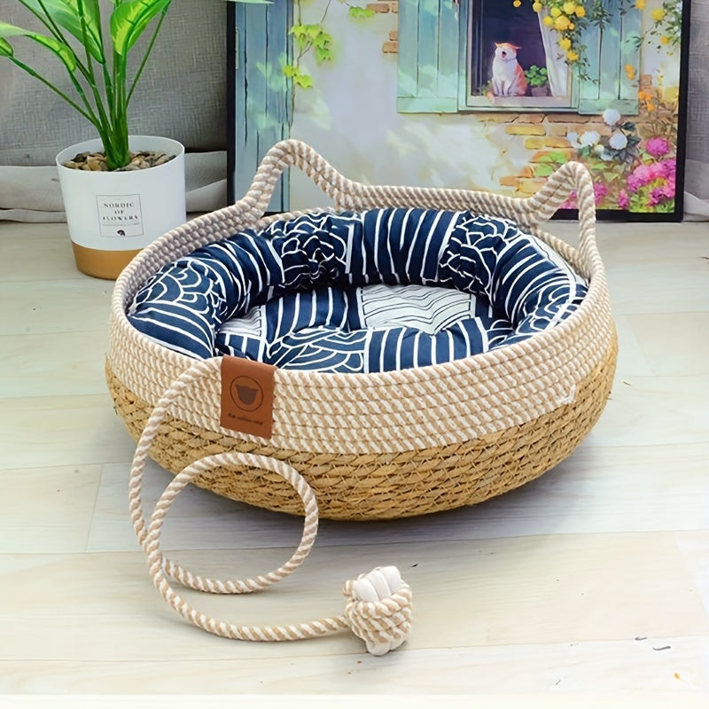 Vintage-Style Woven Cat Bed with Playful Ball - Durable, All-Season Pet Nest for Cats and Small Dogs