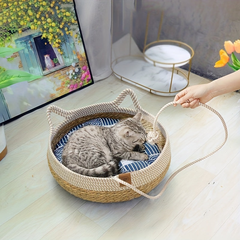 Vintage-Style Woven Cat Bed with Playful Ball - Durable, All-Season Pet Nest for Cats and Small Dogs