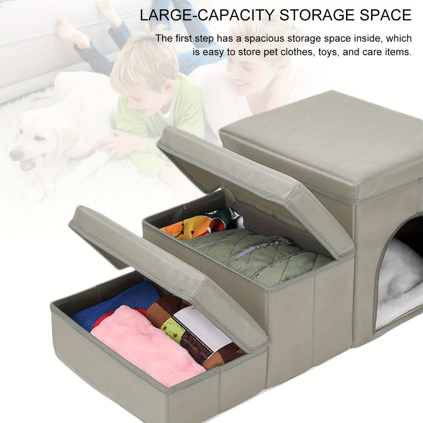 1PC Amazingtour Cat Dog Steps Dog Stairs With Pet Bed& Sofa Foldable 3 Tiers Steps Dog Steps With Storage Boxes For Small Dog And Cat Pet Ladder For Dogs Cats Blue