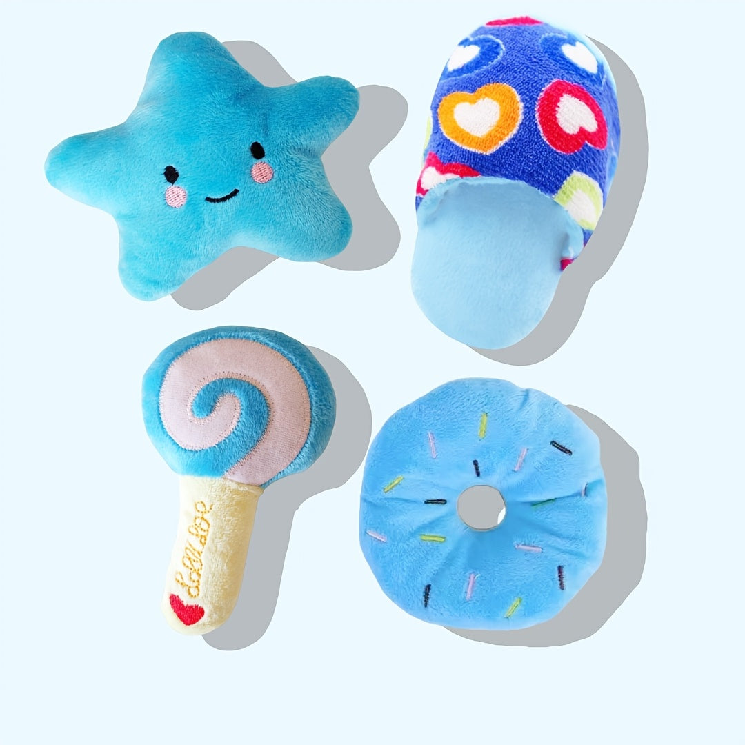4-Pack Plush Squeaky Pet Toy Set for Small Dogs and Cats - Fruit, Vegetable, Candy, Star, Donut, Strawberry Designs - Interactive Play & Sleep Companion Dog Toy, Soft Plush Material