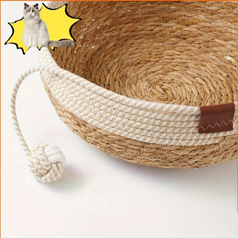 Vintage-Style Woven Cat Bed with Playful Ball - Durable, All-Season Pet Nest for Cats and Small Dogs
