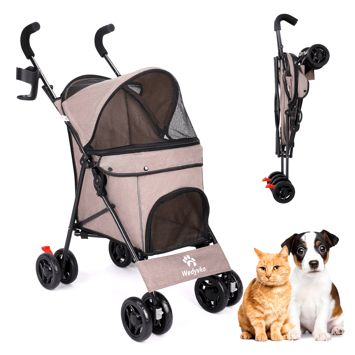 Collapsible Dog Stroller, Pet Stroller for Small and Medium Dogs and Cats, 4 Lockable Wheels, Detachable Cushion and Storage Basket, Cat Stroller Travel Carrier Stroller