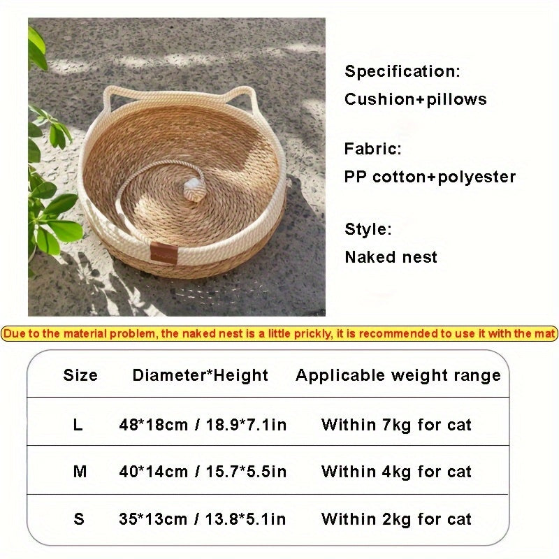 Vintage-Style Woven Cat Bed with Playful Ball - Durable, All-Season Pet Nest for Cats and Small Dogs