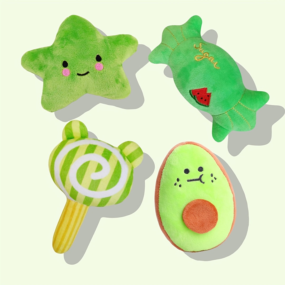 4-Pack Plush Squeaky Pet Toy Set for Small Dogs and Cats - Fruit, Vegetable, Candy, Star, Donut, Strawberry Designs - Interactive Play & Sleep Companion Dog Toy, Soft Plush Material