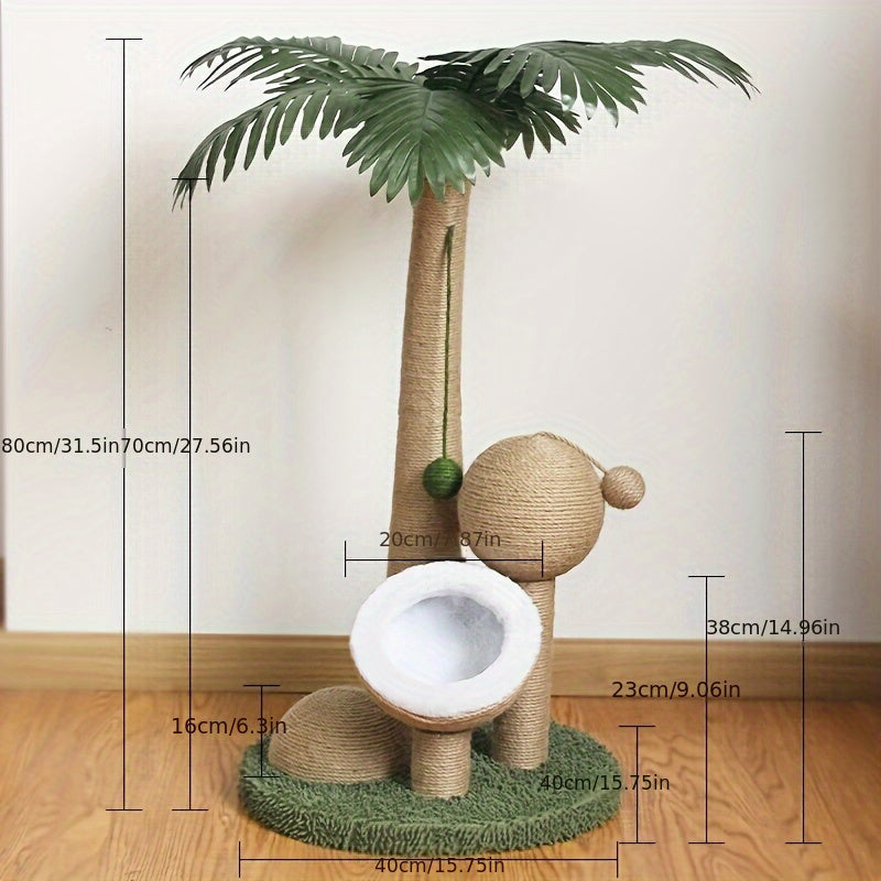 Coconut Tree Cat Scratching Post with Playful Hanging Ball - Durable ABS Resin, Ideal for Indoor Cats, Cat Climbing, Cat Bed