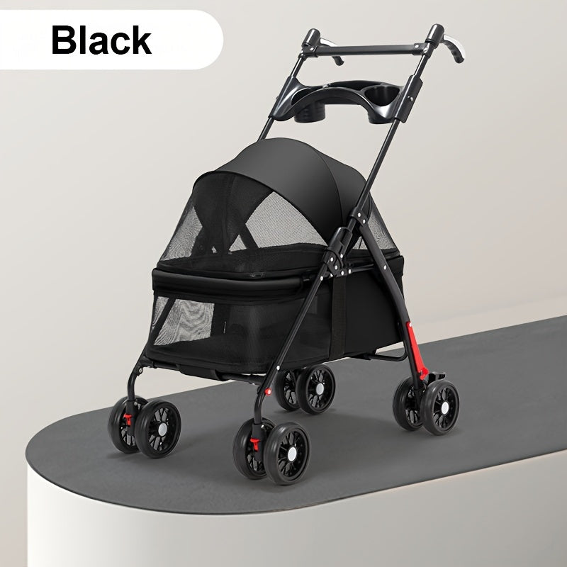 Foldable 4-Wheel Pet Stroller for Small to Medium Dogs (Up to 17KG/38LBS), Portable Dog Travel Carriage with Breathable Mesh Windows, Metal Frame And Durable Oxford Fabric, Pocket Design/Cup Holder- Ideal for Outdoor Adventures, Shopping, Walking
