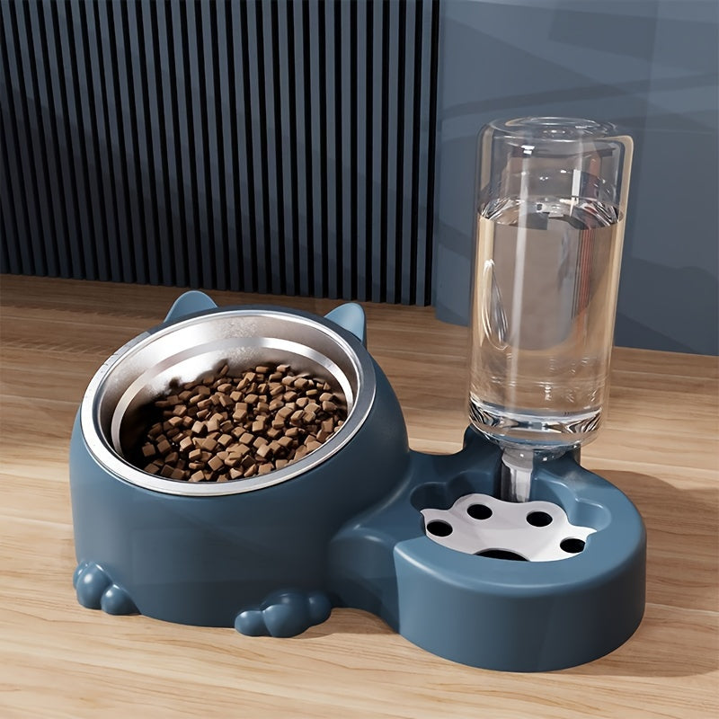 Cat Food Bowl, Elevated Cat Bowl, Automatic Water Dispenser, Anti-Overturn, Non-Slip, Round, Plastic Material, with Feeding and Watering Functionality, for Cat