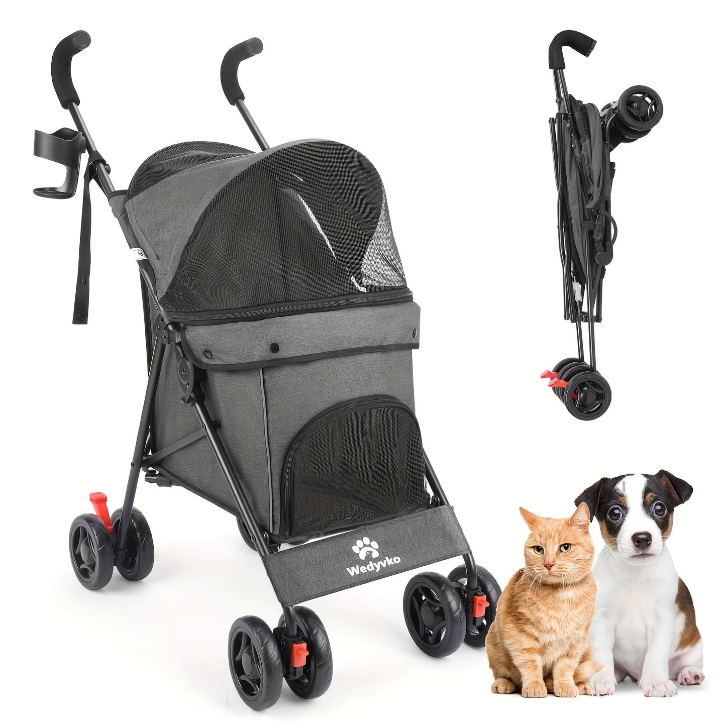 Collapsible Dog Stroller, Pet Stroller for Small and Medium Dogs and Cats, 4 Lockable Wheels, Detachable Cushion and Storage Basket, Cat Stroller Travel Carrier Stroller