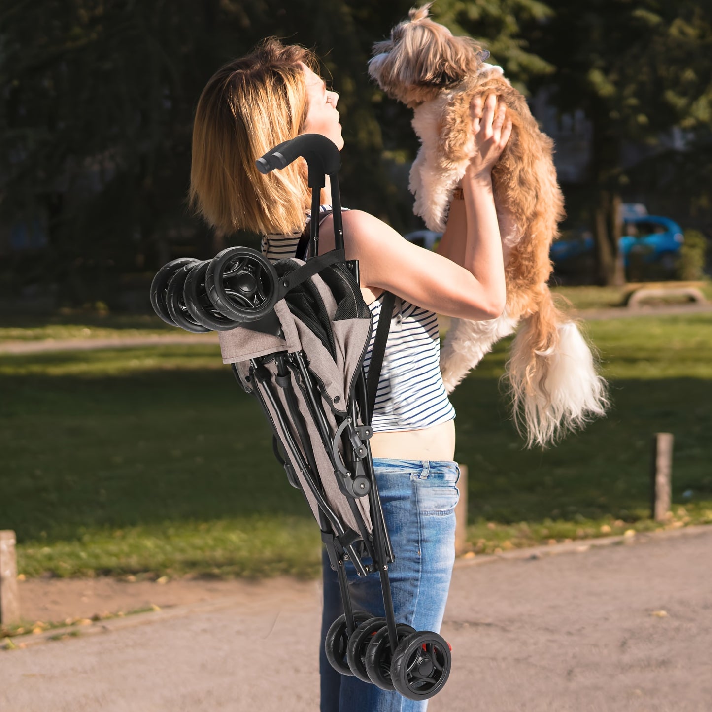 Collapsible Dog Stroller, Pet Stroller for Small and Medium Dogs and Cats, 4 Lockable Wheels, Detachable Cushion and Storage Basket, Cat Stroller Travel Carrier Stroller