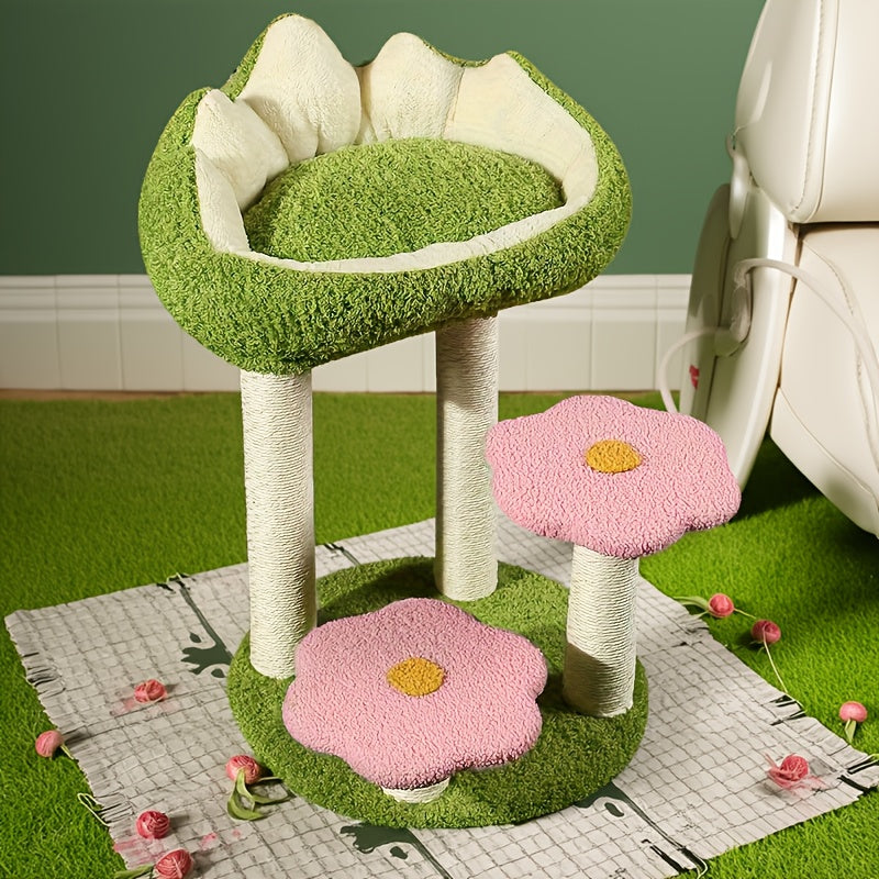 Charming Wooden Cat Tree Tower with Scratching Posts, Cozy Condo & Plush Mushroom Seat - Multi-Level Activity Center for Small to Medium Cats, Reinforced Wood Construction, Green Leaf & Flower Design