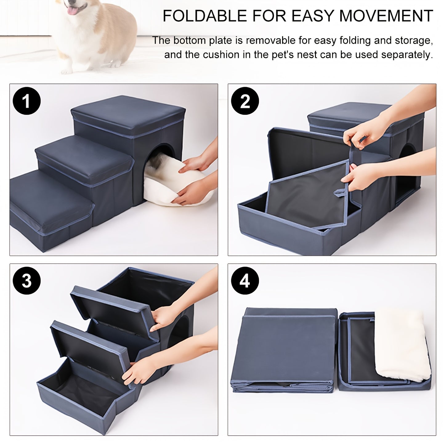 1PC Amazingtour Cat Dog Steps Dog Stairs With Pet Bed& Sofa Foldable 3 Tiers Steps Dog Steps With Storage Boxes For Small Dog And Cat Pet Ladder For Dogs Cats Blue