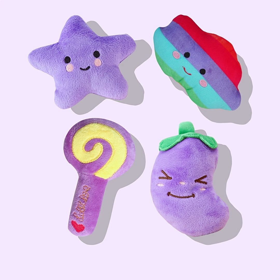 4-Pack Plush Squeaky Pet Toy Set for Small Dogs and Cats - Fruit, Vegetable, Candy, Star, Donut, Strawberry Designs - Interactive Play & Sleep Companion Dog Toy, Soft Plush Material