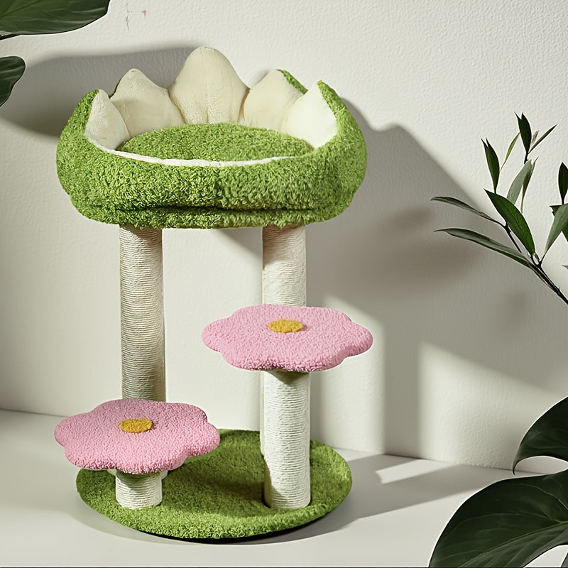 Charming Wooden Cat Tree Tower with Scratching Posts, Cozy Condo & Plush Mushroom Seat - Multi-Level Activity Center for Small to Medium Cats, Reinforced Wood Construction, Green Leaf & Flower Design