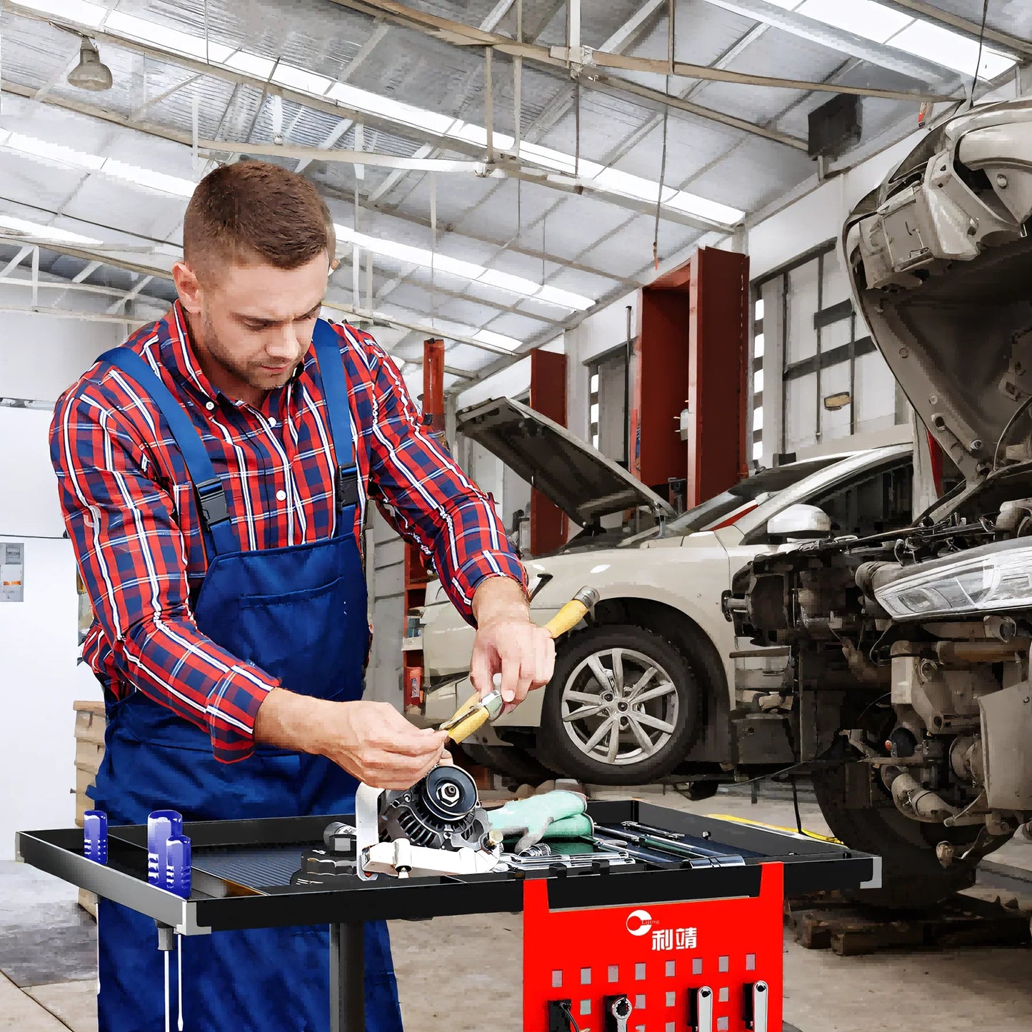 The Most Popular Height Adjustable Auto Maintenance Trolley 1.2mm Thickened Body Workbench for Engine Repair