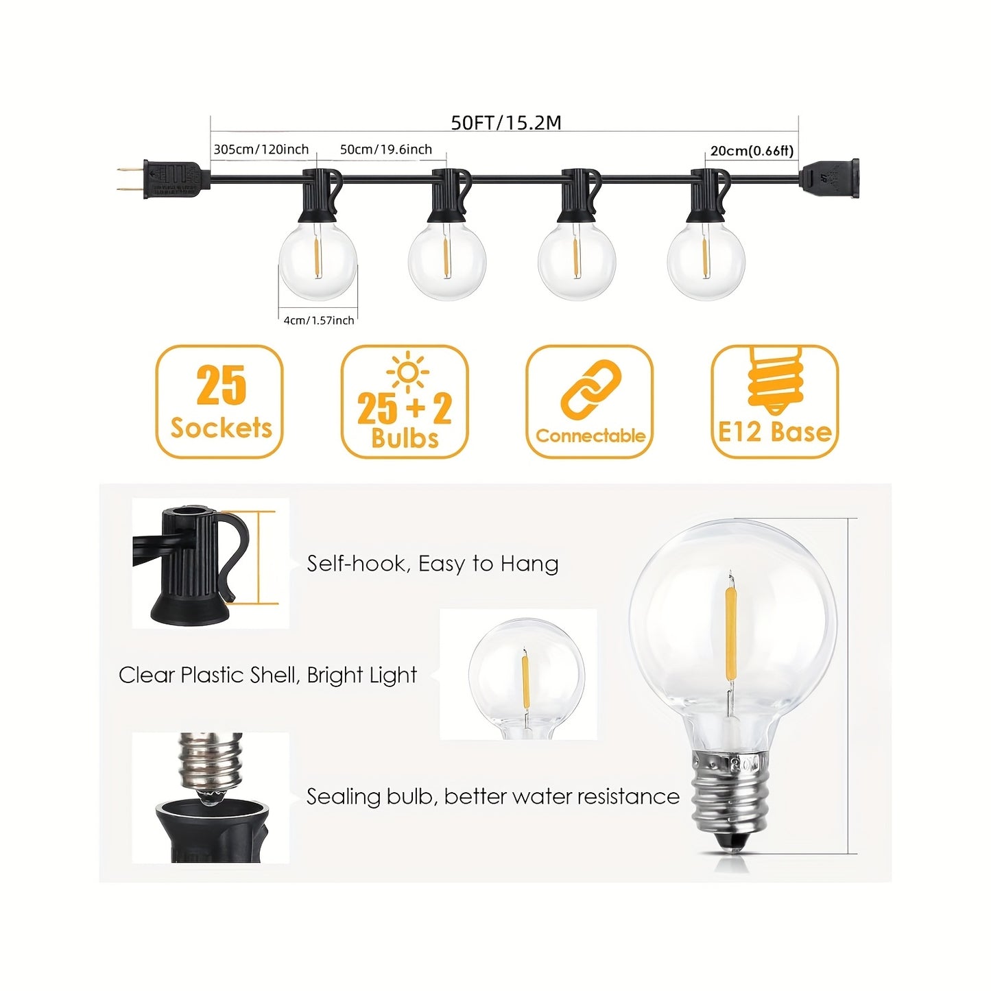 150FT LED Outdoor String Lights, Patio Deck Lights With 60+2 Shatterproof ST38 Edison Bulbs, Dimmable Warm White Outside Hanging Lights Connectable For Yard Backyard Porch Garden (Optional 50FT)