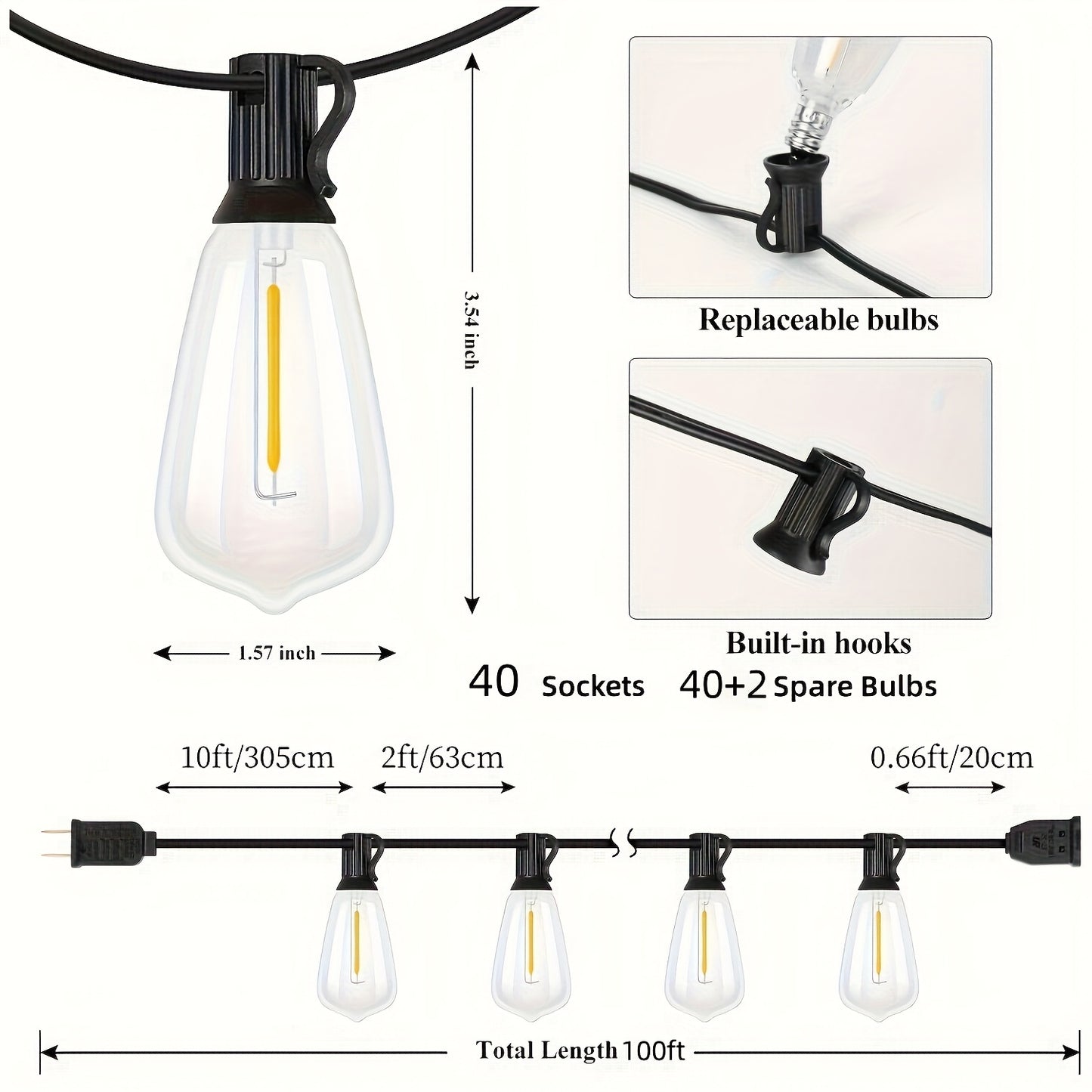 150FT LED Outdoor String Lights, Patio Deck Lights With 60+2 Shatterproof ST38 Edison Bulbs, Dimmable Warm White Outside Hanging Lights Connectable For Yard Backyard Porch Garden (Optional 50FT)