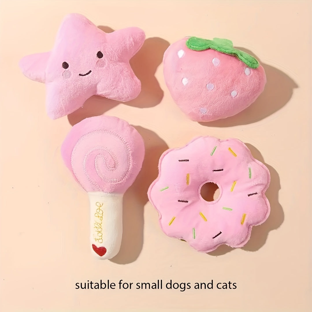 4-Pack Plush Squeaky Pet Toy Set for Small Dogs and Cats - Fruit, Vegetable, Candy, Star, Donut, Strawberry Designs - Interactive Play & Sleep Companion Dog Toy, Soft Plush Material
