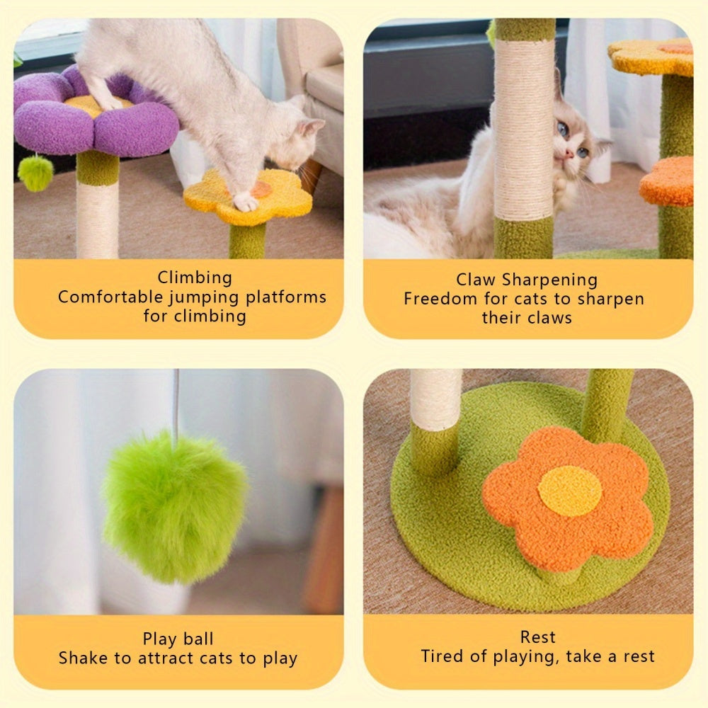 Compact Flower Cat Tree with Sisal Scratching Post, Removable Flower Bed, and Spring Ball - 48.26cm Tall, Multi-Functional Indoor Cat Scratcher for Kittens - Ideal Gift for Cat Lovers, Indoor Cat Playground | Decorative Cat Tree | Sturdy Wood Base, Small