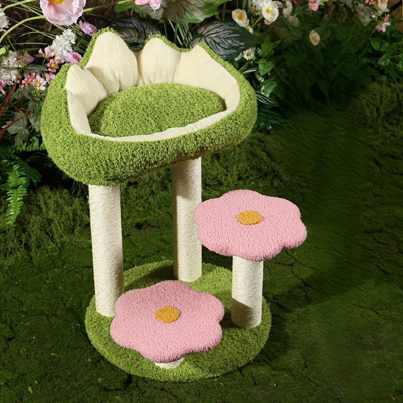 Charming Wooden Cat Tree Tower with Scratching Posts, Cozy Condo & Plush Mushroom Seat - Multi-Level Activity Center for Small to Medium Cats, Reinforced Wood Construction, Green Leaf & Flower Design