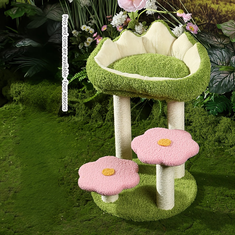 Charming Wooden Cat Tree Tower with Scratching Posts, Cozy Condo & Plush Mushroom Seat - Multi-Level Activity Center for Small to Medium Cats, Reinforced Wood Construction, Green Leaf & Flower Design