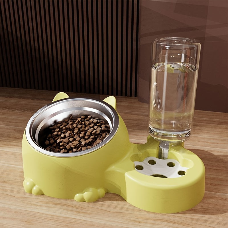 Cat Food Bowl, Elevated Cat Bowl, Automatic Water Dispenser, Anti-Overturn, Non-Slip, Round, Plastic Material, with Feeding and Watering Functionality, for Cat