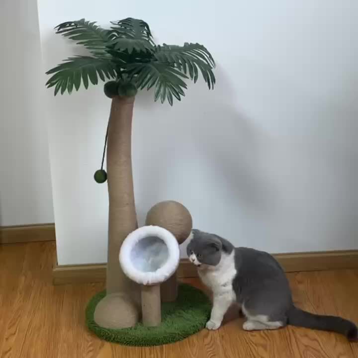 Coconut Tree Cat Scratching Post with Playful Hanging Ball - Durable ABS Resin, Ideal for Indoor Cats, Cat Climbing, Cat Bed