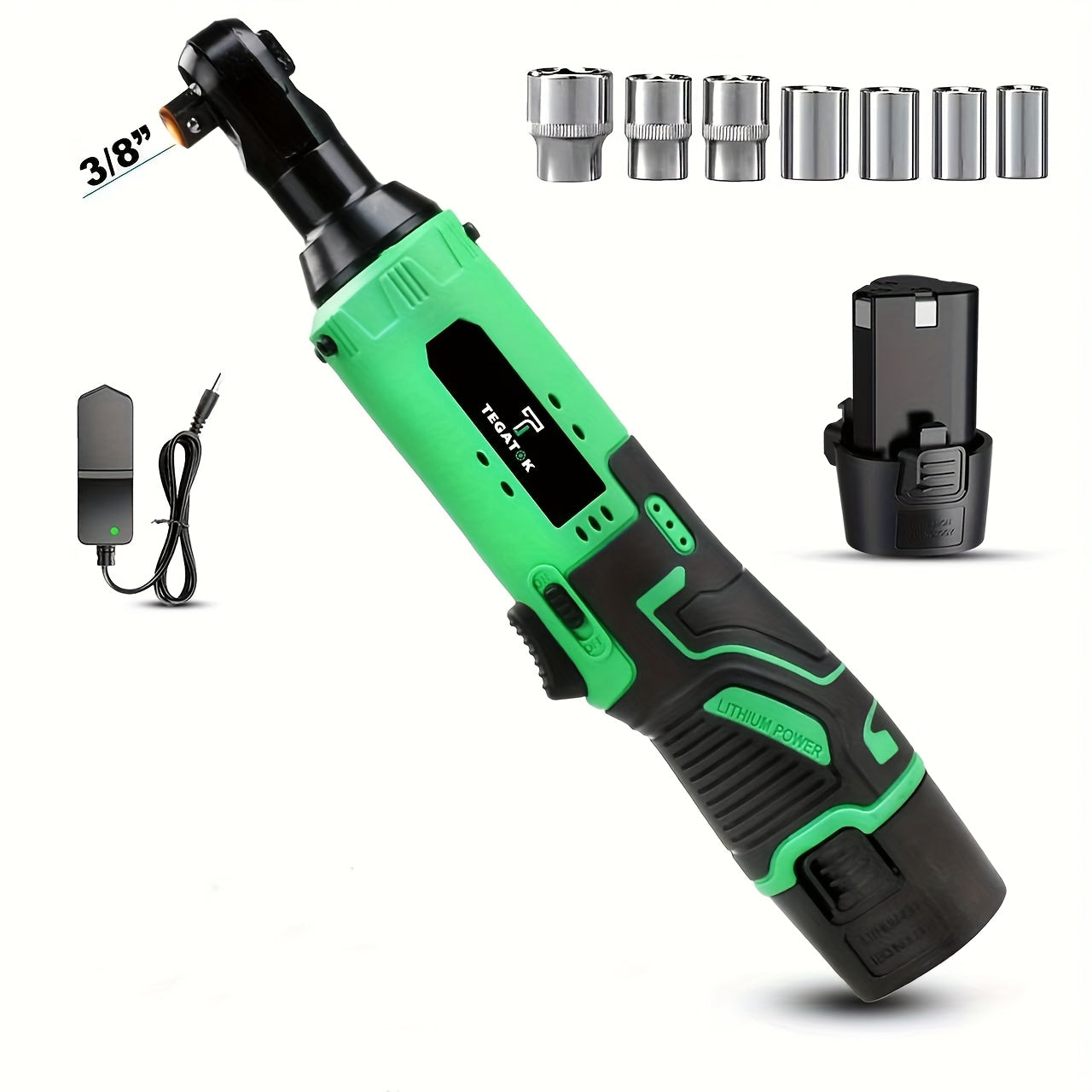 Tegatok 2/ 4pcs 12V Industrial Cordless Electric Wrench Set - 45NM 3/ 8" Ratchet Wrench, 45 Ft-lbs 400 RPM High-Torque Power Tool with 7 Sockets, Ideal for Car Repair, Nut Removal, and Heavy-Duty Applications