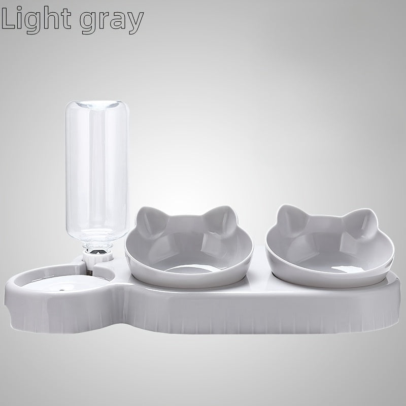 Dual Bowls Cat Feeder with Automatic Water Dispenser, Manual Gravity-Fed Pet Feeding Station, Plastic, Cat Ear Design