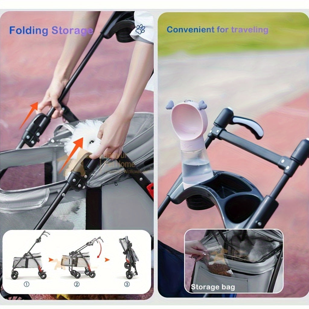 Foldable 4-Wheel Pet Stroller for Small to Medium Dogs (Up to 17KG/38LBS), Portable Dog Travel Carriage with Breathable Mesh Windows, Metal Frame And Durable Oxford Fabric, Pocket Design/Cup Holder- Ideal for Outdoor Adventures, Shopping, Walking