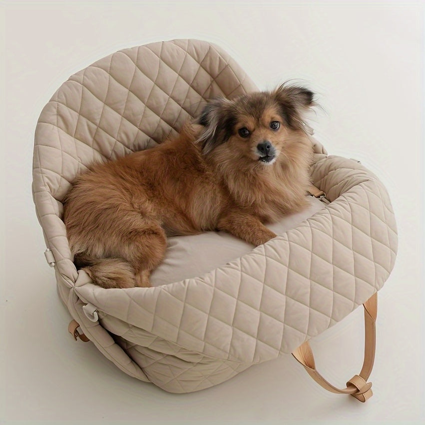 [Durable Polyester] Light Gray Quilted Pet Car Seat with Leash | Durable Polyester | Secure Straps & Adjustable Headrest Pillow | Pet Travel | Outdoor Adventures | Secure Pet Carrier