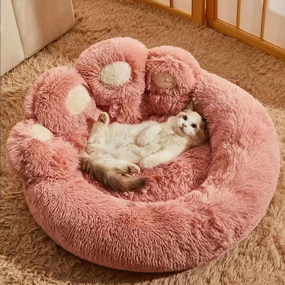 Luxury Plush Cat Bed with Cozy Bear Paw Design, Comfortable Pet House Sofa for Cats and Small Dogs, Nylon Material with Non-Skid Bottom, Pet Cushion with Unique Filling - Pack of 1