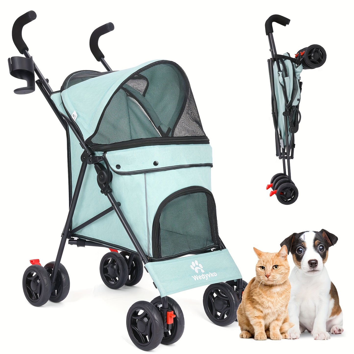 Collapsible Dog Stroller, Pet Stroller for Small and Medium Dogs and Cats, 4 Lockable Wheels, Detachable Cushion and Storage Basket, Cat Stroller Travel Carrier Stroller
