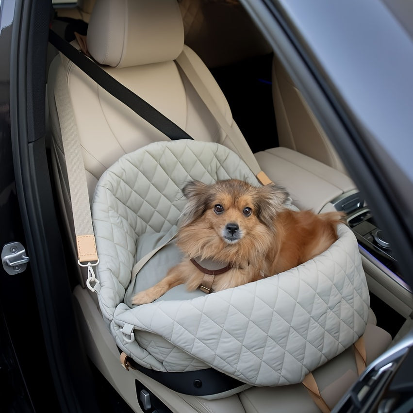 [Durable Polyester] Light Gray Quilted Pet Car Seat with Leash | Durable Polyester | Secure Straps & Adjustable Headrest Pillow | Pet Travel | Outdoor Adventures | Secure Pet Carrier