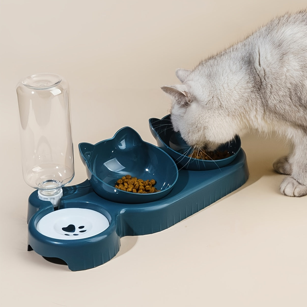 Dual Bowls Cat Feeder with Automatic Water Dispenser, Manual Gravity-Fed Pet Feeding Station, Plastic, Cat Ear Design
