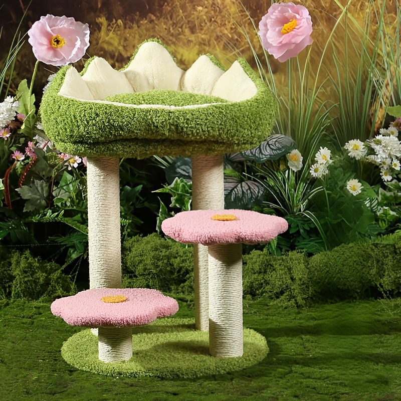 Charming Wooden Cat Tree Tower with Scratching Posts, Cozy Condo & Plush Mushroom Seat - Multi-Level Activity Center for Small to Medium Cats, Reinforced Wood Construction, Green Leaf & Flower Design