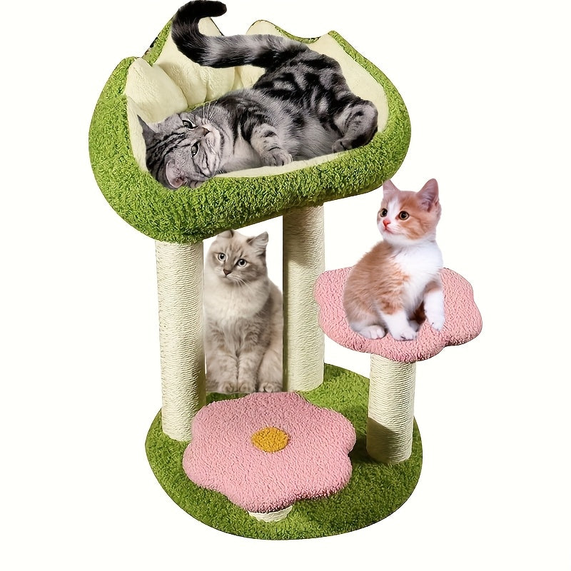 Charming Wooden Cat Tree Tower with Scratching Posts, Cozy Condo & Plush Mushroom Seat - Multi-Level Activity Center for Small to Medium Cats, Reinforced Wood Construction, Green Leaf & Flower Design